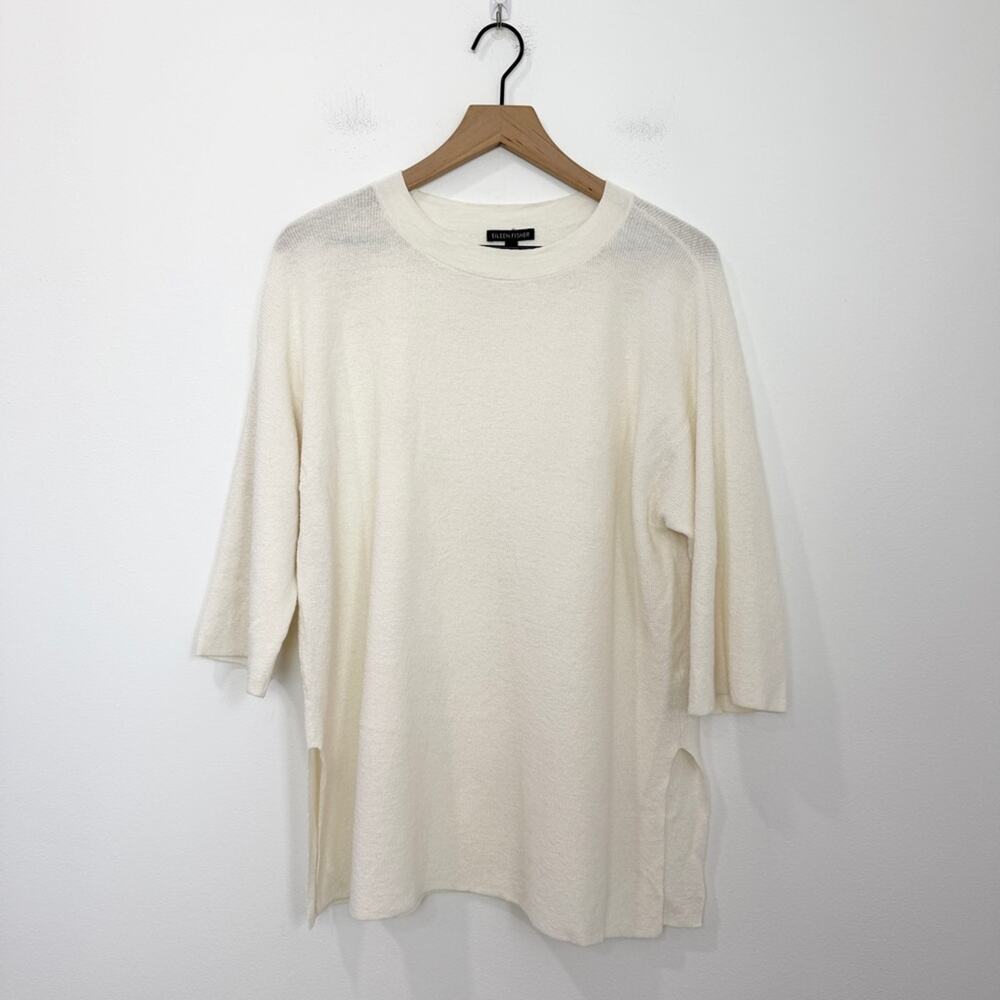 Eileen Fisher Ivory Organic Linen Crepe Stretch Tunic Knit Top S/M